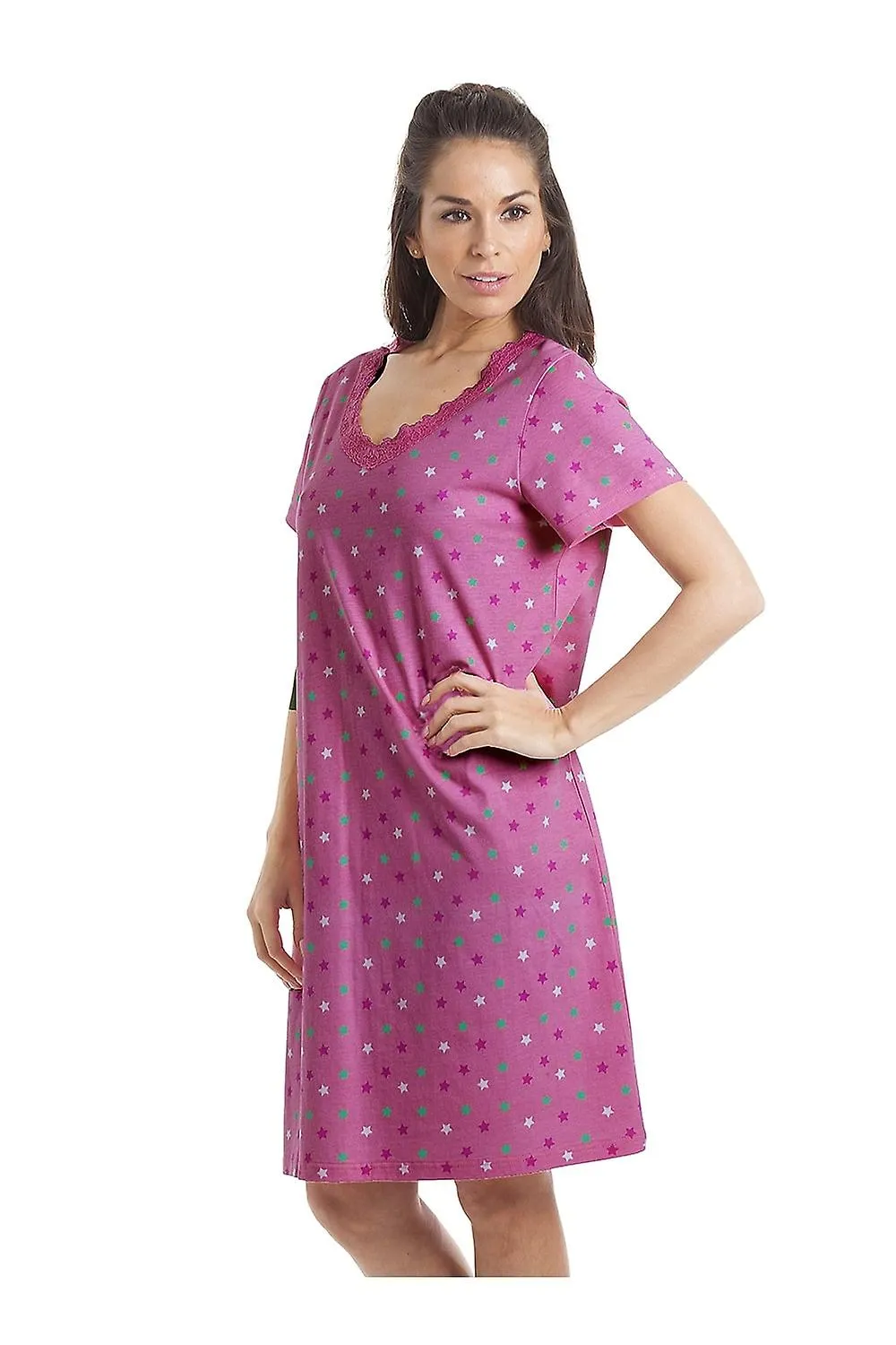 WOMEN'S CAMILLE MULTICOLOURED STAR PRINT FUCHSIA PINK NIGHTDRESS