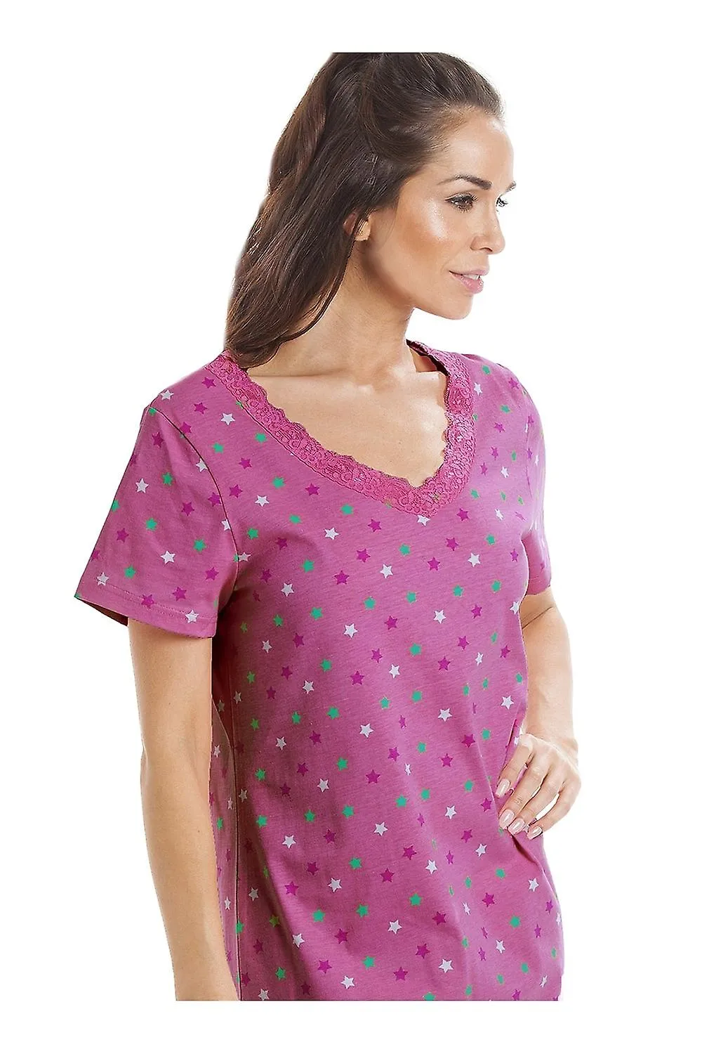 WOMEN'S CAMILLE MULTICOLOURED STAR PRINT FUCHSIA PINK NIGHTDRESS