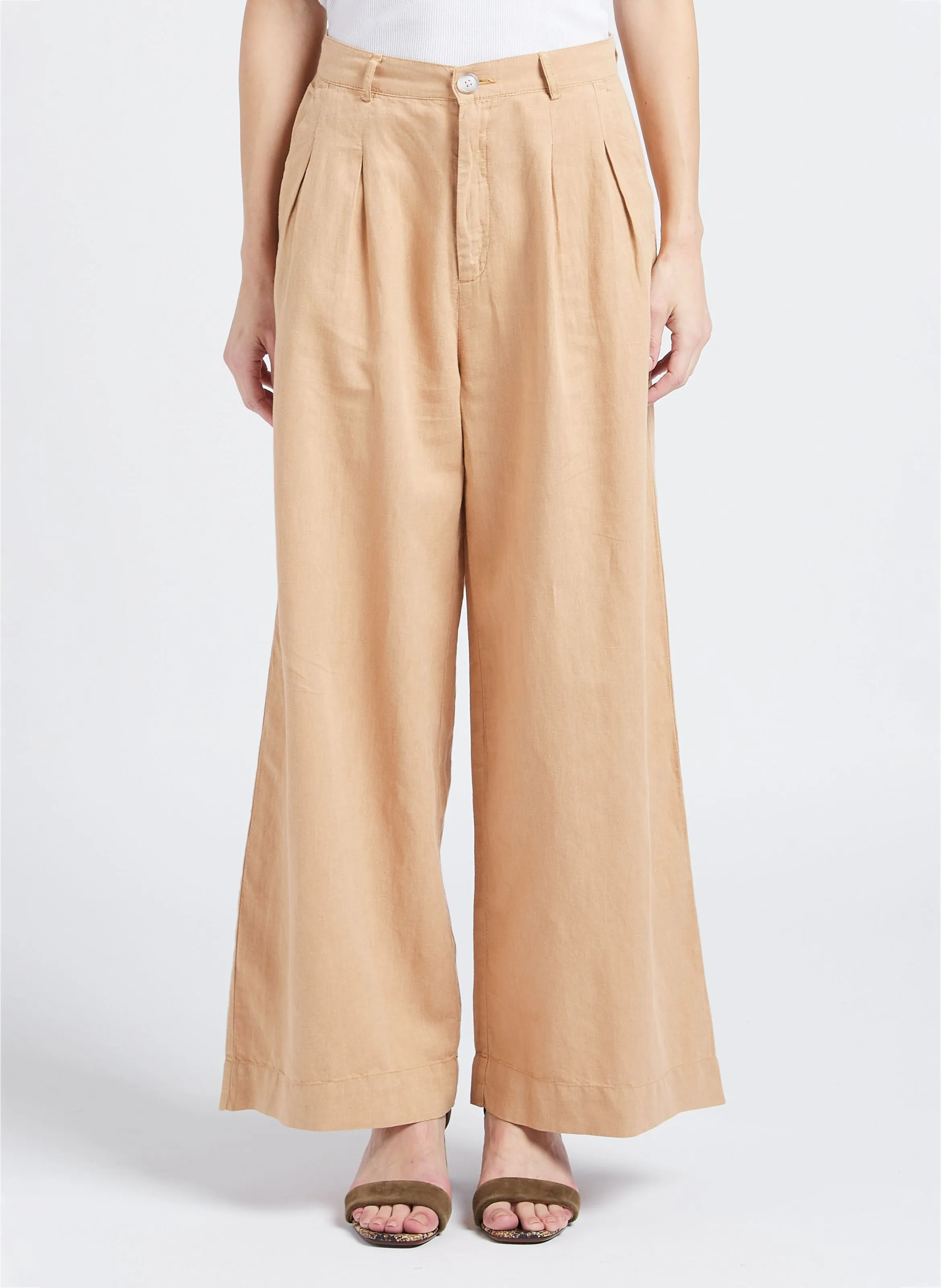 ZEBULON  PANTALóN ANCHO DE LINO Y ALGODóN DE TALLE ALTO EN BEIGE