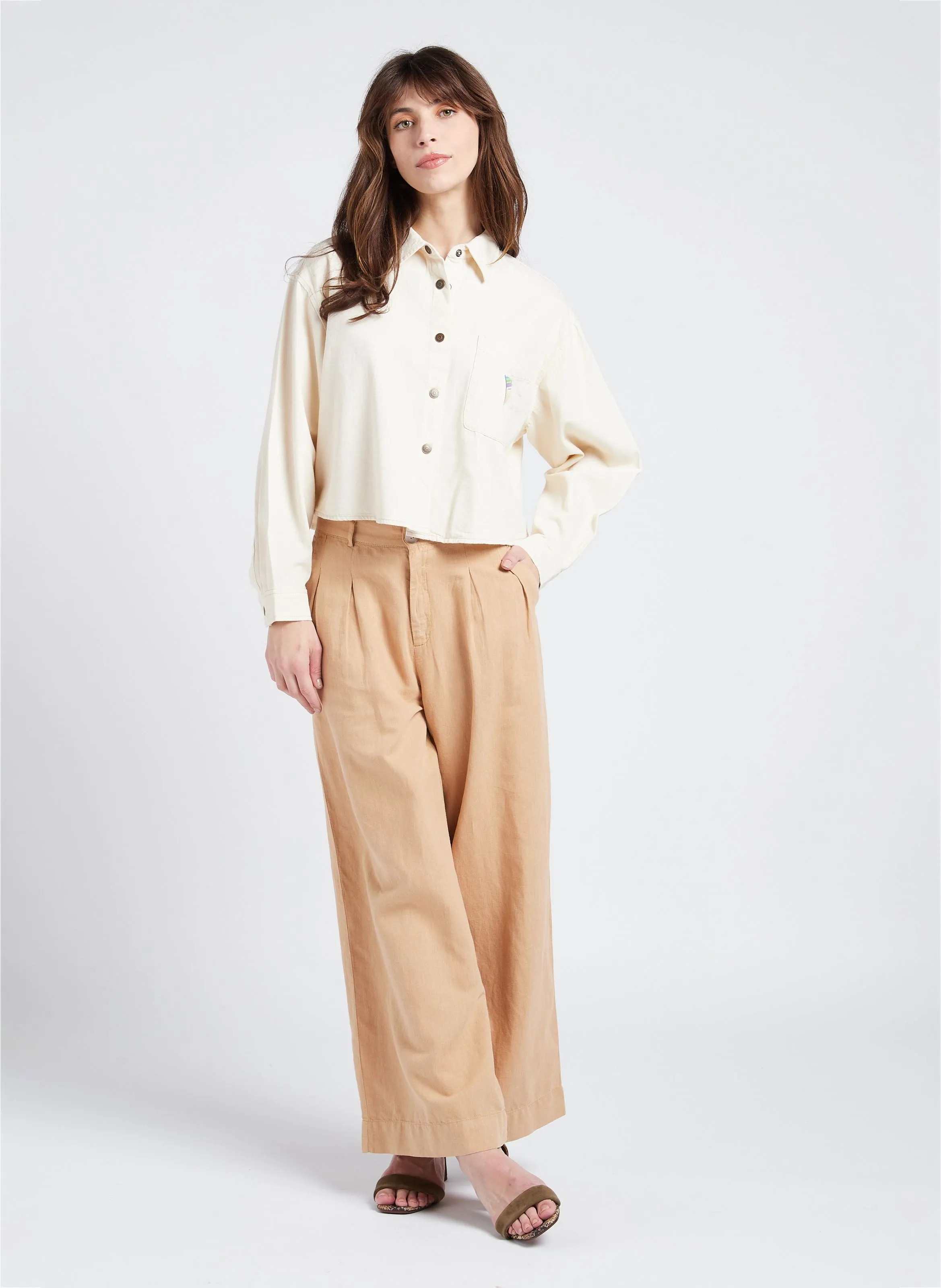 ZEBULON  PANTALóN ANCHO DE LINO Y ALGODóN DE TALLE ALTO EN BEIGE