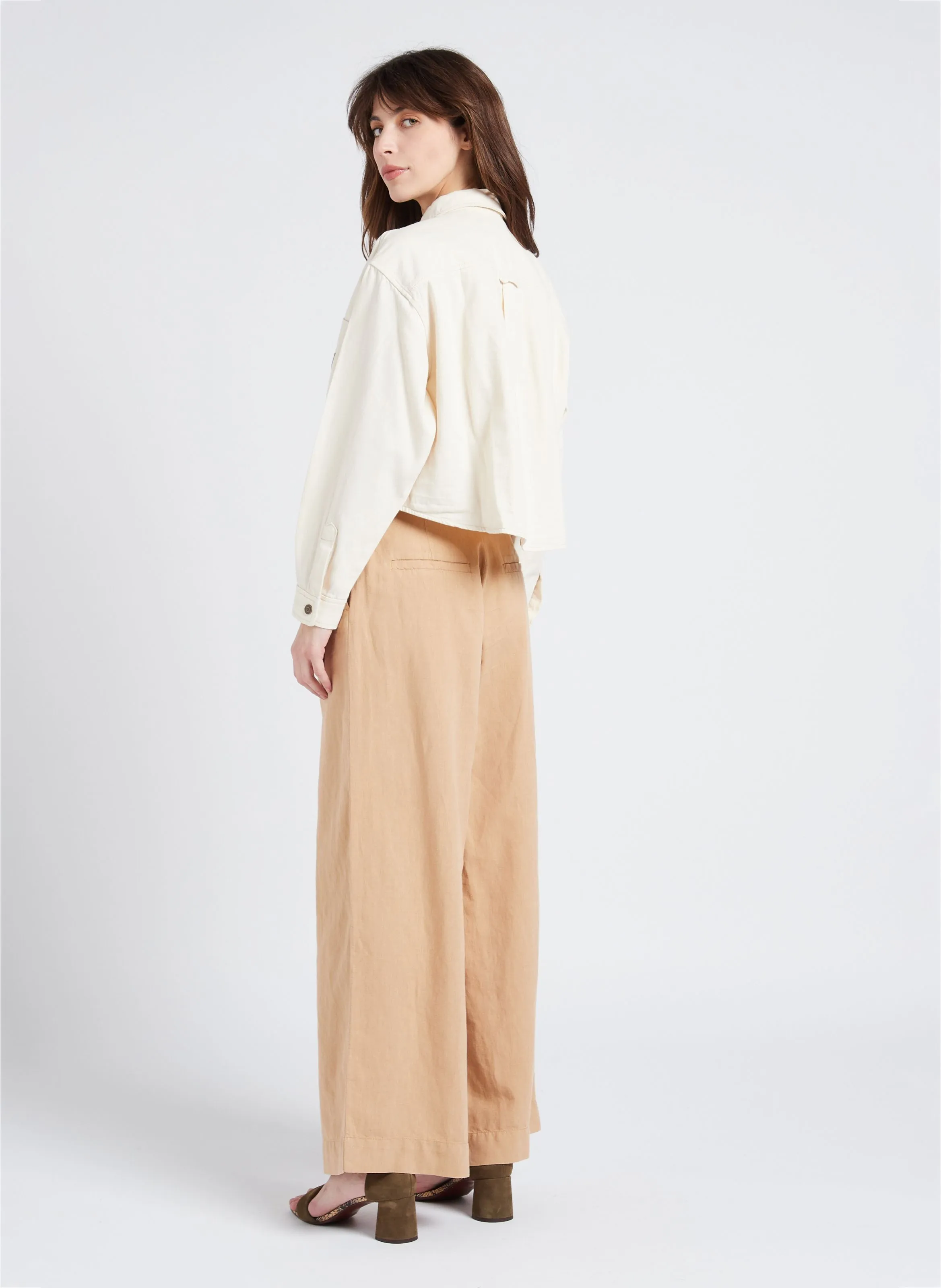 ZEBULON  PANTALóN ANCHO DE LINO Y ALGODóN DE TALLE ALTO EN BEIGE