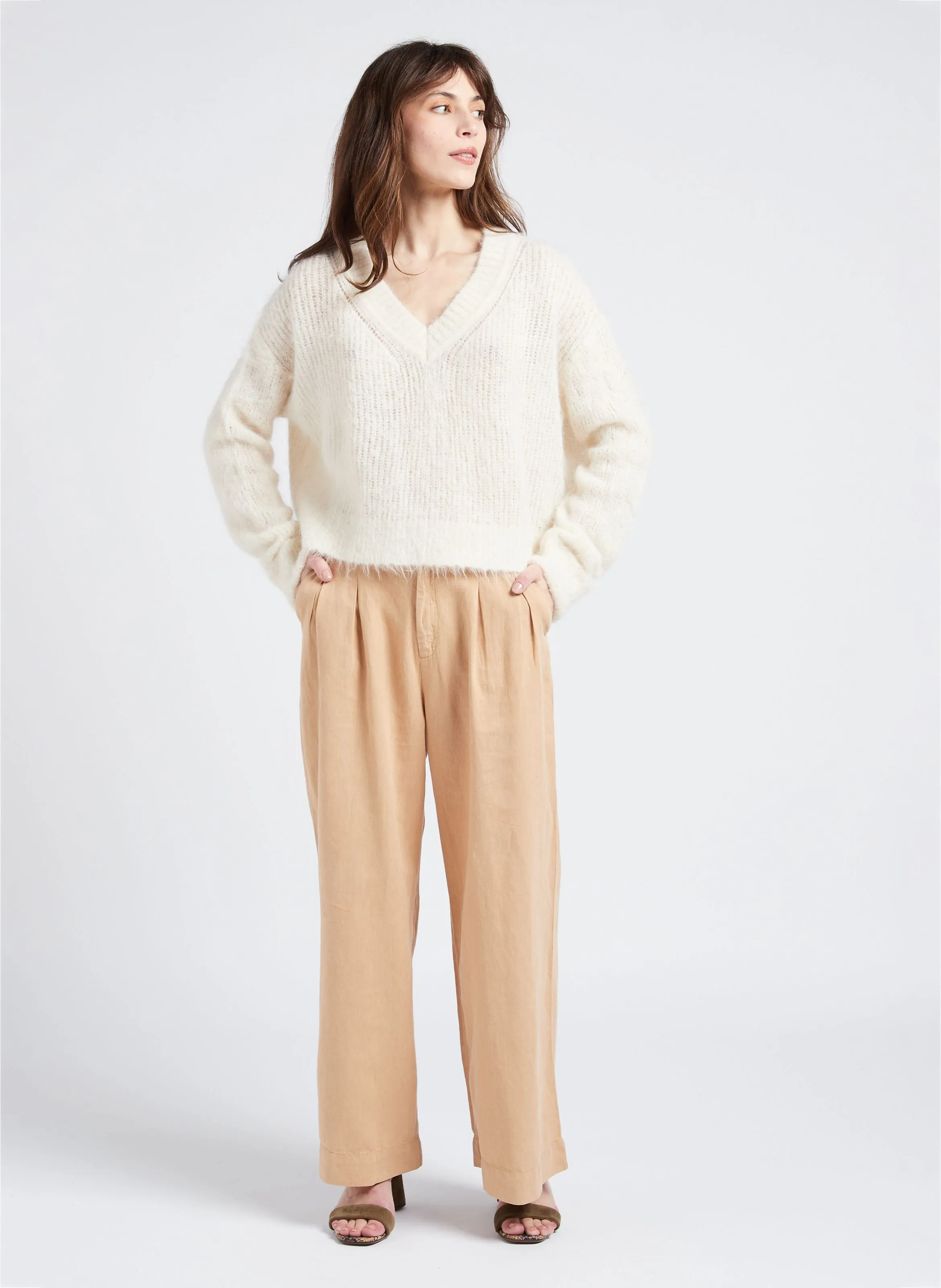ZEBULON  PANTALóN ANCHO DE LINO Y ALGODóN DE TALLE ALTO EN BEIGE