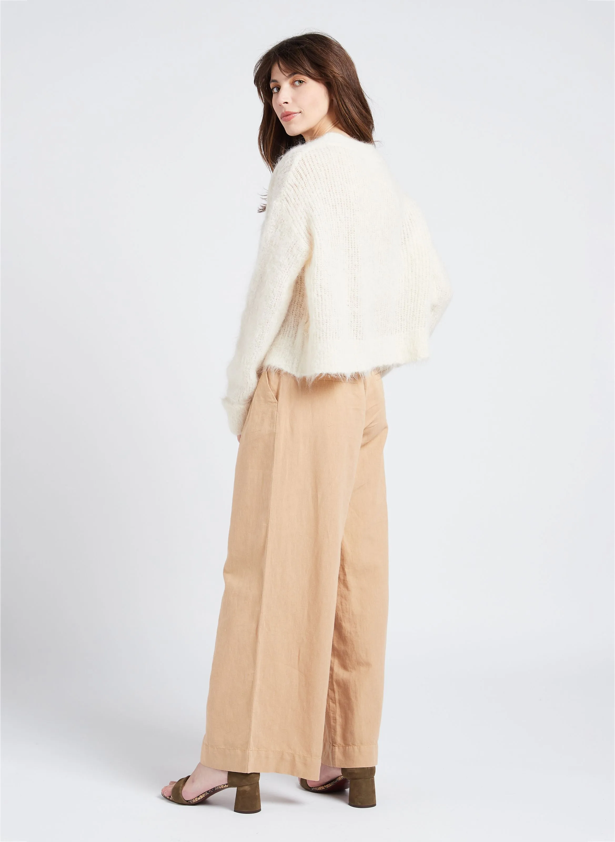 ZEBULON  PANTALóN ANCHO DE LINO Y ALGODóN DE TALLE ALTO EN BEIGE