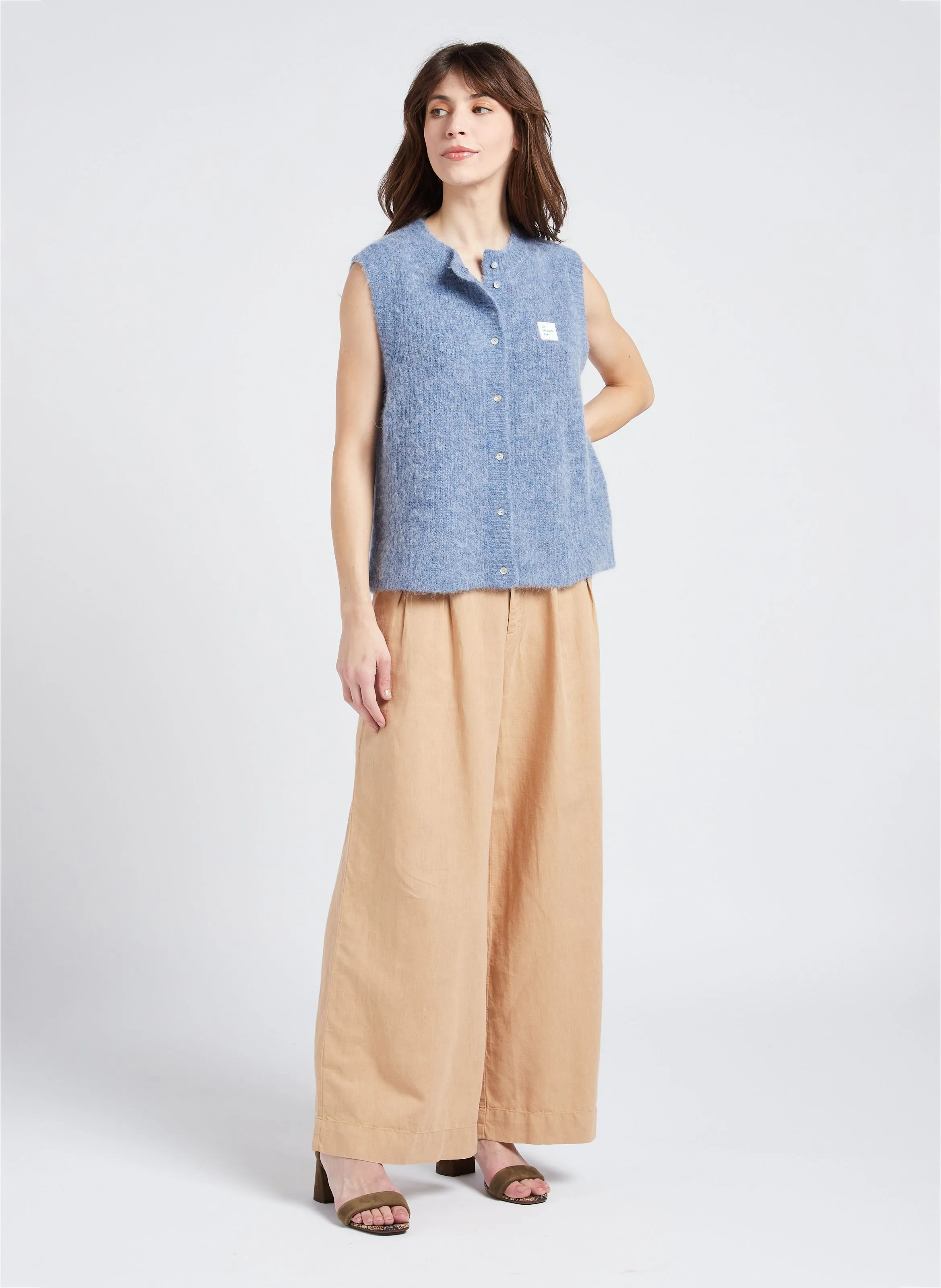 ZEBULON  PANTALóN ANCHO DE LINO Y ALGODóN DE TALLE ALTO EN BEIGE